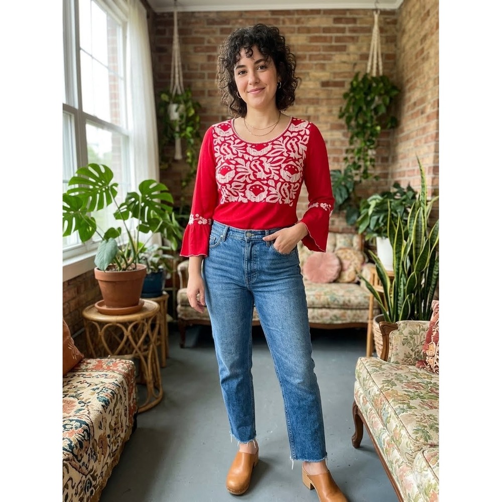 Aldo Martins Red Embroidered Folk Art Top Bell Sleeve Anthropologie Aesthetic M